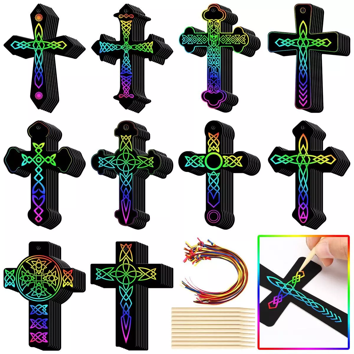 Chivao 200 Pcs Easter Scratch Cross Ornaments Rainbow Color Craft Kit DIY Scratch Paper Christian Gifts for Kids Sunday School C