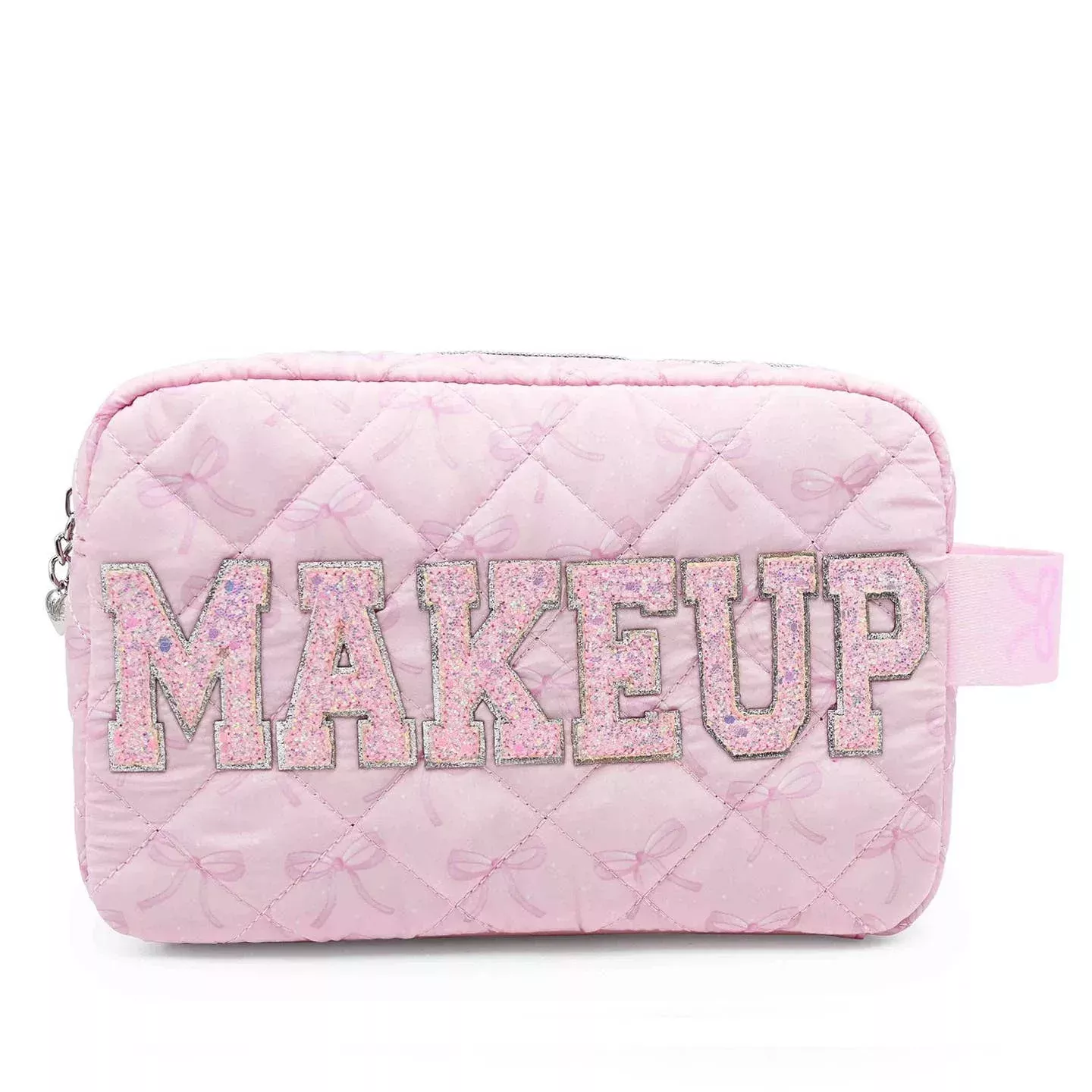 "Makeup" Bow Printed Quilted Pouch - Powder Pink